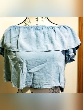 Tramp Denim Blue Off The Shoulder Soft Tiered Crop Top Size S Boho Western
